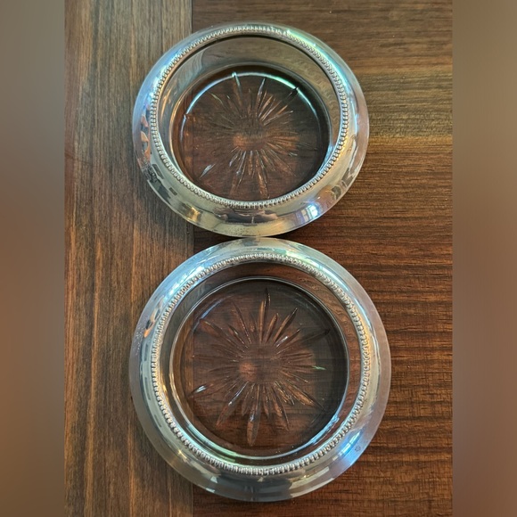 Frank M Whiting Co. Sterling Silver Rimmed Pressed Glass Coasters-1960 Set of 2 - Picture 1 of 4